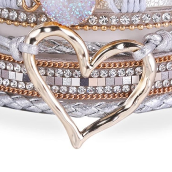 Silvertone Heart Rhinestone Accent Wrap Magnetic Closure Bracelet - Picture 4 of 5